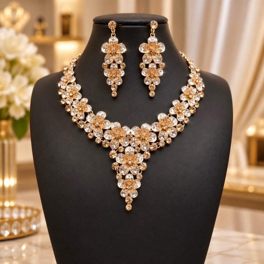 Vintage Champagne Rhinestone Cascading Flower Jewelry Set Parure